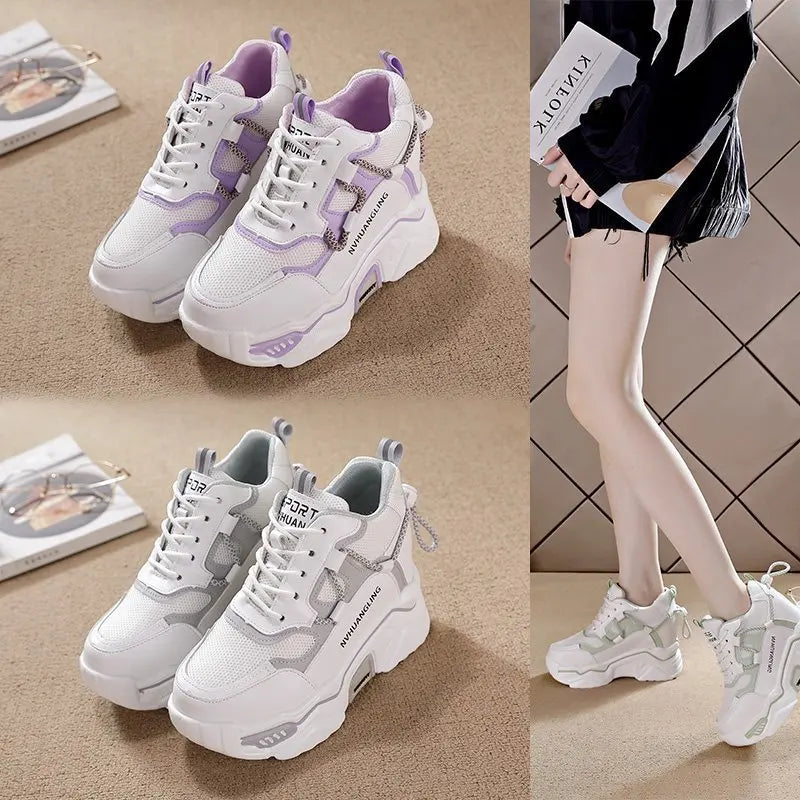 Trendy Interior Height Increasing Vulcanized Women's Shoes 2024 Autumn Style Simple Casual Sports High Heels Women's Dad Shoes