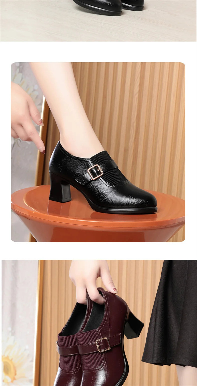 Autumn Fashion Comfort Deep Mouth Soft Leather Shoes Women Pumps 2024 Spring Block Heels Shoes for Office Mom Model Daily