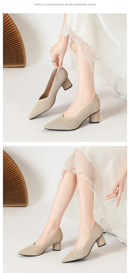 Women's high heels, pointed knit breathable and comfortable shoes (5cm high), new for autumn 2024