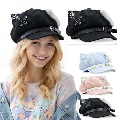 Cute Cat Ears Women's Beret Anime Cat Paw Pattern Newsboy Cap Japanese Style Sweet Baseball Cap Everyday Outfits