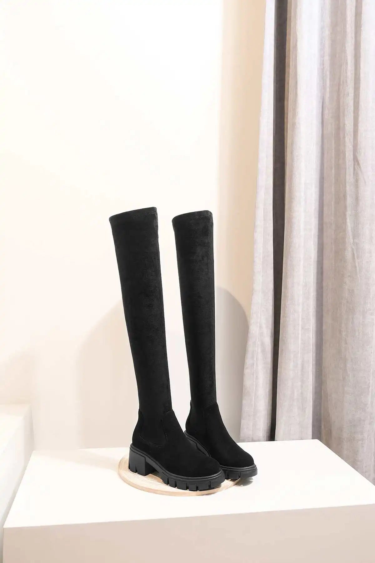 Krazing Pot Big Size Cow Leather Stretch Over-the-knee Boots Platform Round Toe High Heels Winter Women Warm Thigh High Boots