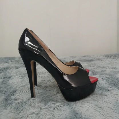 LOSLANDIFEN Women Pumps Sexy Peep Toe Platform 14cm Super High Heels Patent Leather Shoes Red Wedding Stilettos Large Size 44