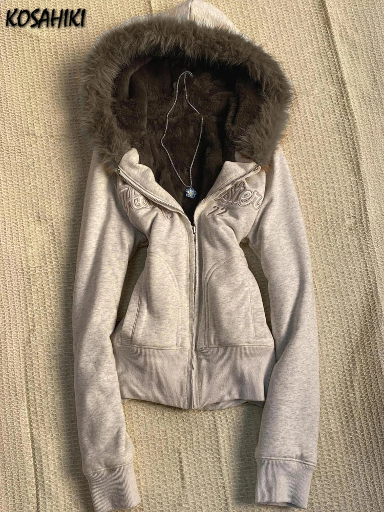 Y2k Aesthetic Vintage Fur Patchwork Hoodies Autumn Grunge Letter Embroidery Hoody Streetwear Cropped Zipper Sweatshirt Jackets
