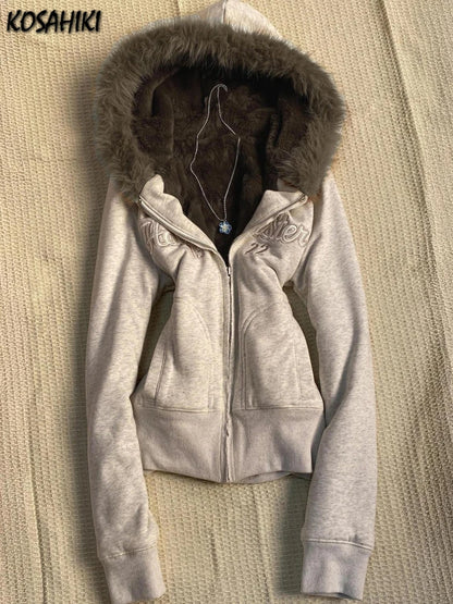 Y2k Aesthetic Vintage Fur Patchwork Hoodies Autumn Grunge Letter Embroidery Hoody Streetwear Cropped Zipper Sweatshirt Jackets