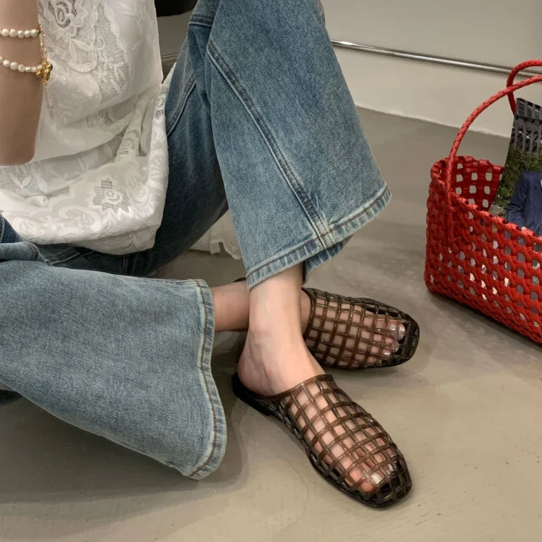 2025 Women's New Flat Slippers with Hollow PVC Breathable Summer Outerwear Baotou Bag and Casual Jelly Slippers