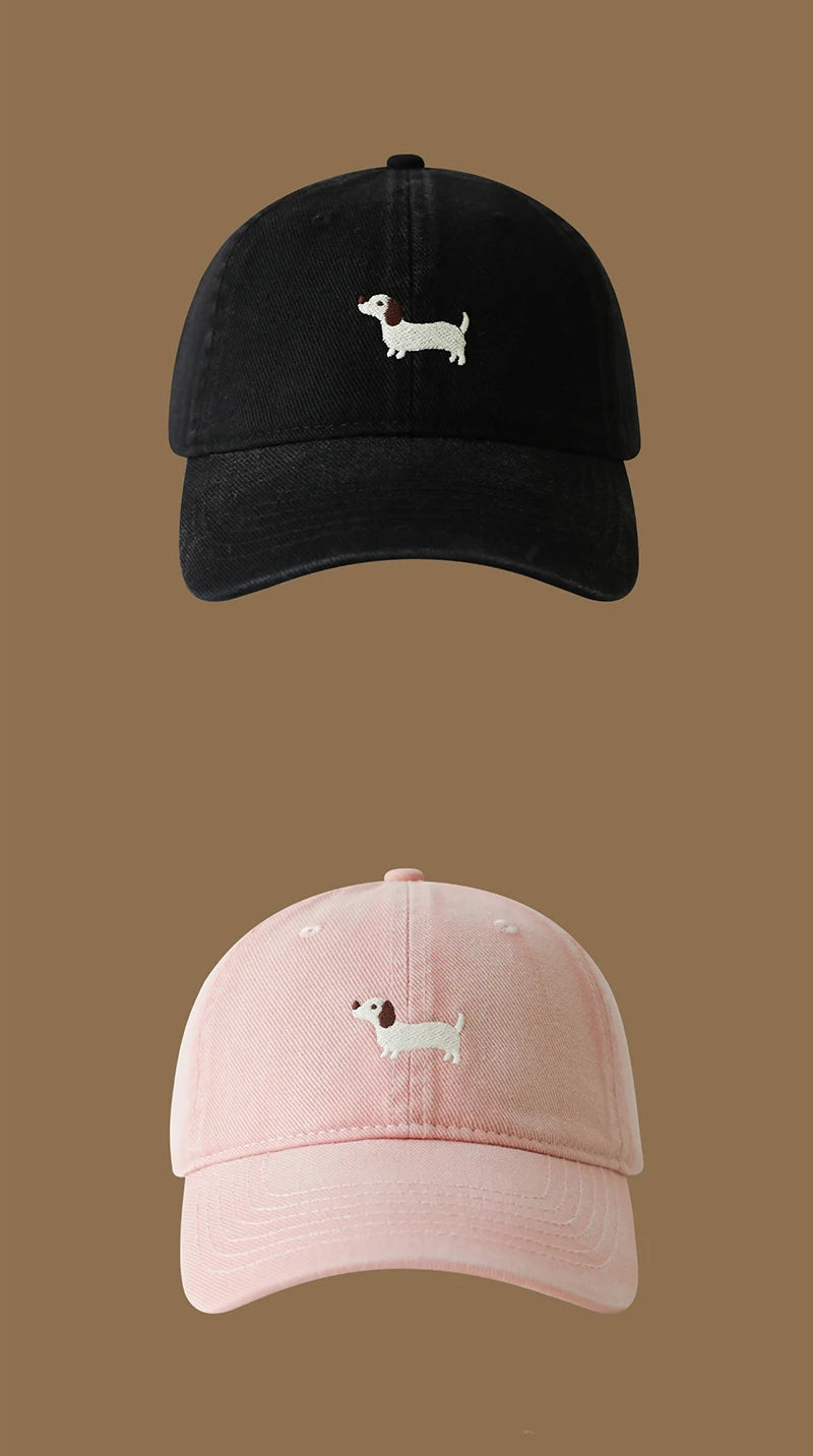 New Embroidered Dachshund Washed Cotton Baseball Cap Fashion Women Adjustable Wide Brim Trucker Hat Outdoor Men Snapback Caps