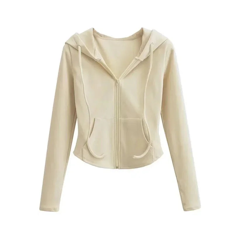 Lucyever Cropped Hooded Zip-Up Jacket Women Autumn New Slim Long Sleeve Y2K Sweatshirts Female Solid Streetwear Sports Hoodies