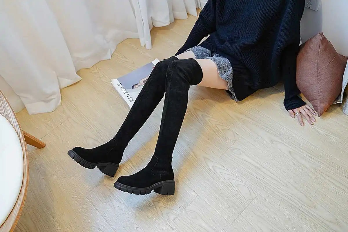 Krazing Pot Big Size Cow Leather Stretch Over-the-knee Boots Platform Round Toe High Heels Winter Women Warm Thigh High Boots