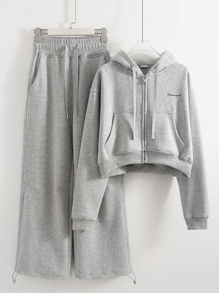 Women Tracksuits Winter Fleece Sweatsuit Brown Warm Crop Zipper Hoodies And Sweatpants Set For Women 2 Piece Velvet Pants Sets