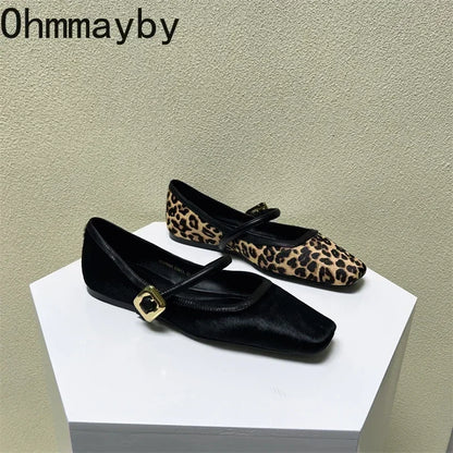 Designer Spring Autumn Women Leopard Shoes Fashion Shallow Buckle Ladies Flats Shoes Square Toe Women's Mary Jane Shoes