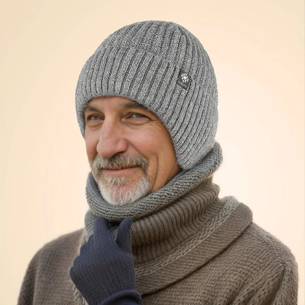 Men Winter Knitted Hat with Neck Scarf Plush Warmth Peaked Cap Earmuff 2025 Fashion Faux Fur Bomber Hats Cycling Ear Protection