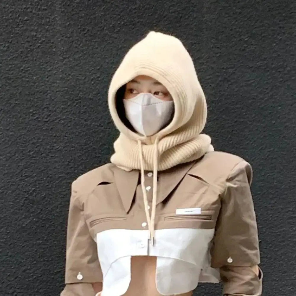Knitted Soft Women Balaclava Hat Fashion Fake Collar Hooded Hat Neck Collar Warmer Beanies Cap Ear Protection Bonnet Hooded Caps