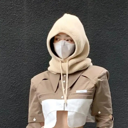 Knitted Soft Women Balaclava Hat Fashion Fake Collar Hooded Hat Neck Collar Warmer Beanies Cap Ear Protection Bonnet Hooded Caps