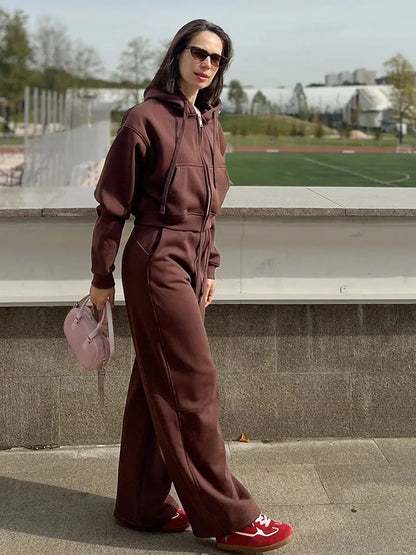 Women Tracksuits Winter Fleece Sweatsuit Brown Warm Crop Zipper Hoodies And Sweatpants Set For Women 2 Piece Velvet Pants Sets