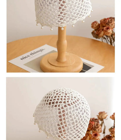 Fashion Hollowed Out Woven Pullover Hats Crochet Breathable Beret Cap Pearl Fringed Retro Beanies Cap for Women Summer Korean