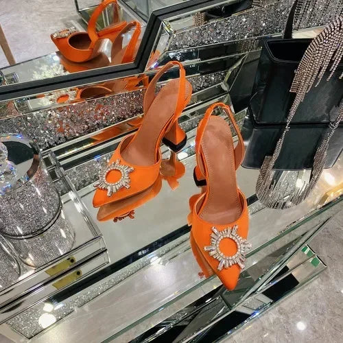 2026 Spring Autumn EU US Satin Slingback Women Sandals Pointed Flared Heels Sun Rhinestone Crystal Wedding Party Dress Heels