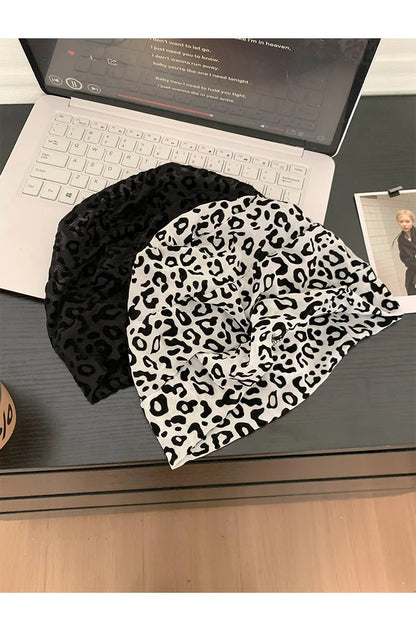 American Leopard Print Pullover Short Brim Stacking Hat Women's Spring and Summer Personality Big Head Thin Skull Beanie Cap