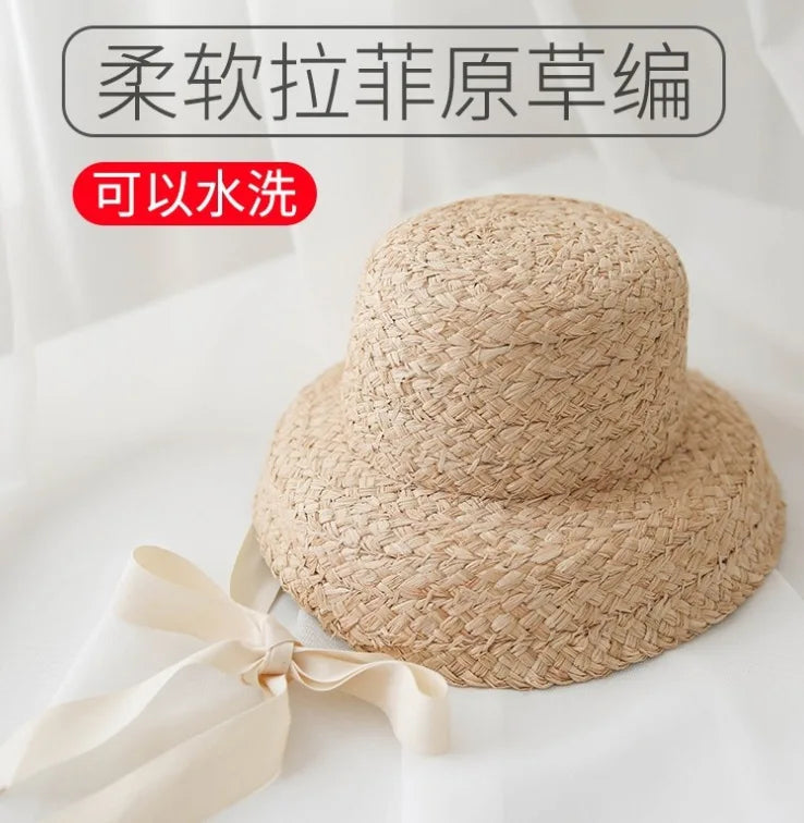 2023 Children Hand-knitted Raffia Retro Flat Top Sun Hats Girls and Boys Summer Travel Sunscreen Vacation Straw Hat with Lacing