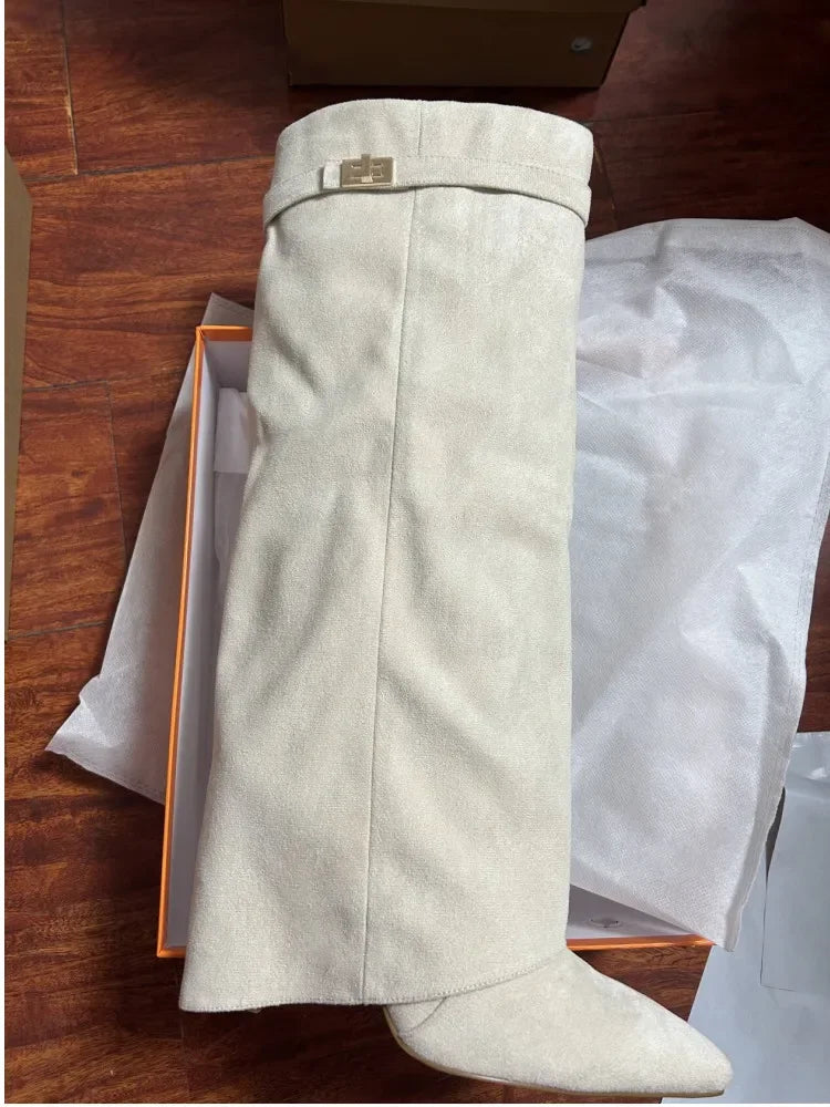 Autumn Winter New Pointed Metal Buckle Knee High Women's Boots, Thick High-heeled Pants Boots, Fashionable Mid Leg Boots