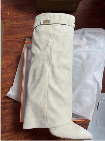 Autumn Winter New Pointed Metal Buckle Knee High Women's Boots, Thick High-heeled Pants Boots, Fashionable Mid Leg Boots