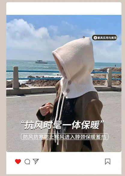 Knitted Hooded Caps Winter Balaclava Hats Women Korean Style Outdoor Warmer Drawstring Hats One-piece Neck Collar Beanies Cap