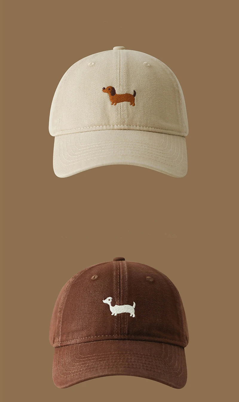 New Embroidered Dachshund Washed Cotton Baseball Cap Fashion Women Adjustable Wide Brim Trucker Hat Outdoor Men Snapback Caps