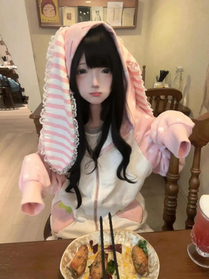 Japanese Kawaii Rabbit's Ears Hoodies Loose Polka Dot Patchwork Women Grunge Hoody Y2k Aesthetic Fairy Strawberry Sweatshirt