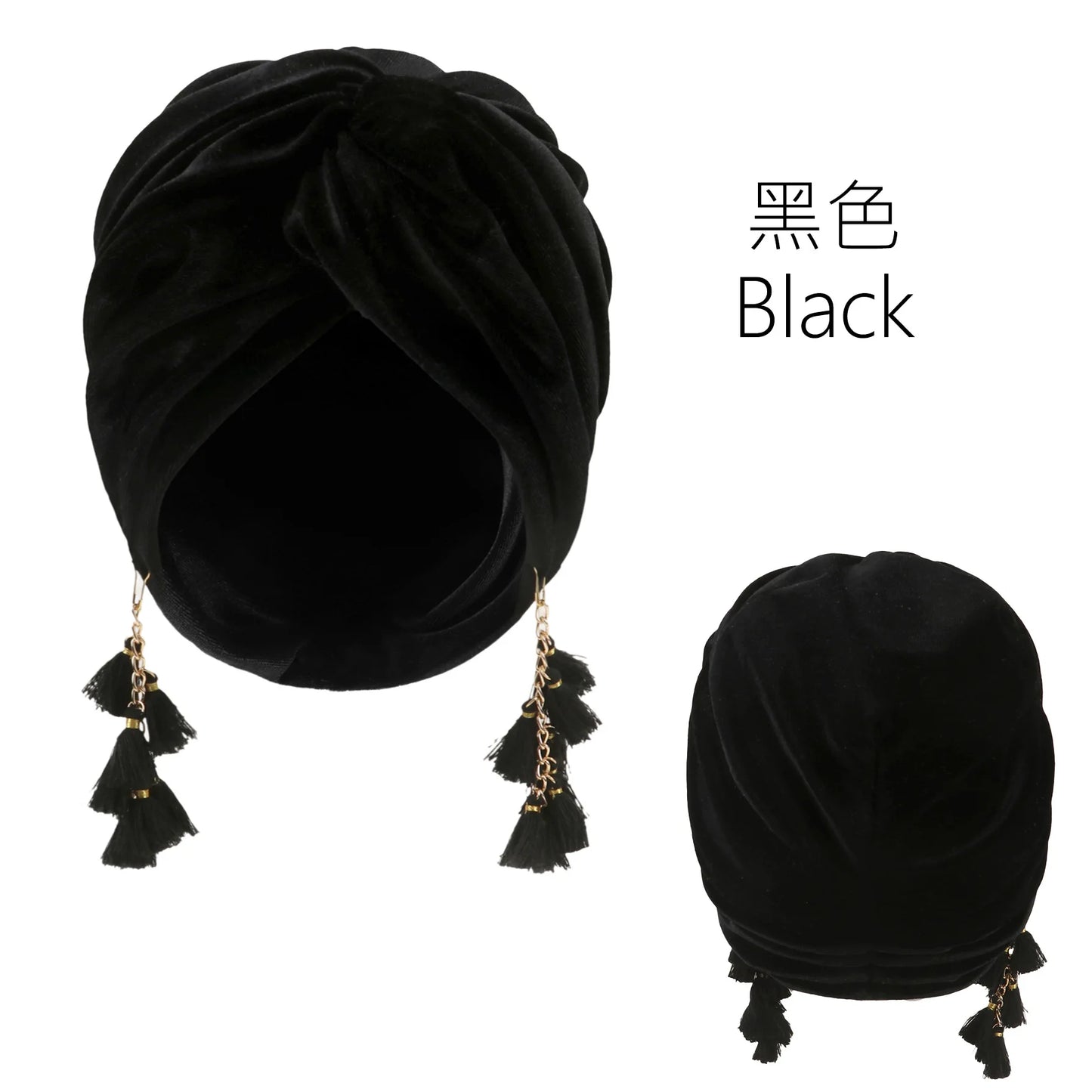 New Muslim Women Velvet Tassel Turban Hat Soft Stretch Bohemian Cross Pullover Bandana Headband Beanie Cap Islamic Head Wrap