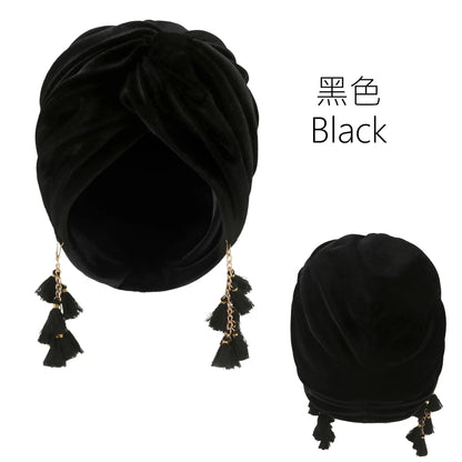 New Muslim Women Velvet Tassel Turban Hat Soft Stretch Bohemian Cross Pullover Bandana Headband Beanie Cap Islamic Head Wrap
