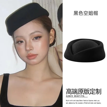 Hepburn Style Black Flat Top Berets Hat Women's French High-end Aviation Stewardess Hat Retro Republic of China Beret