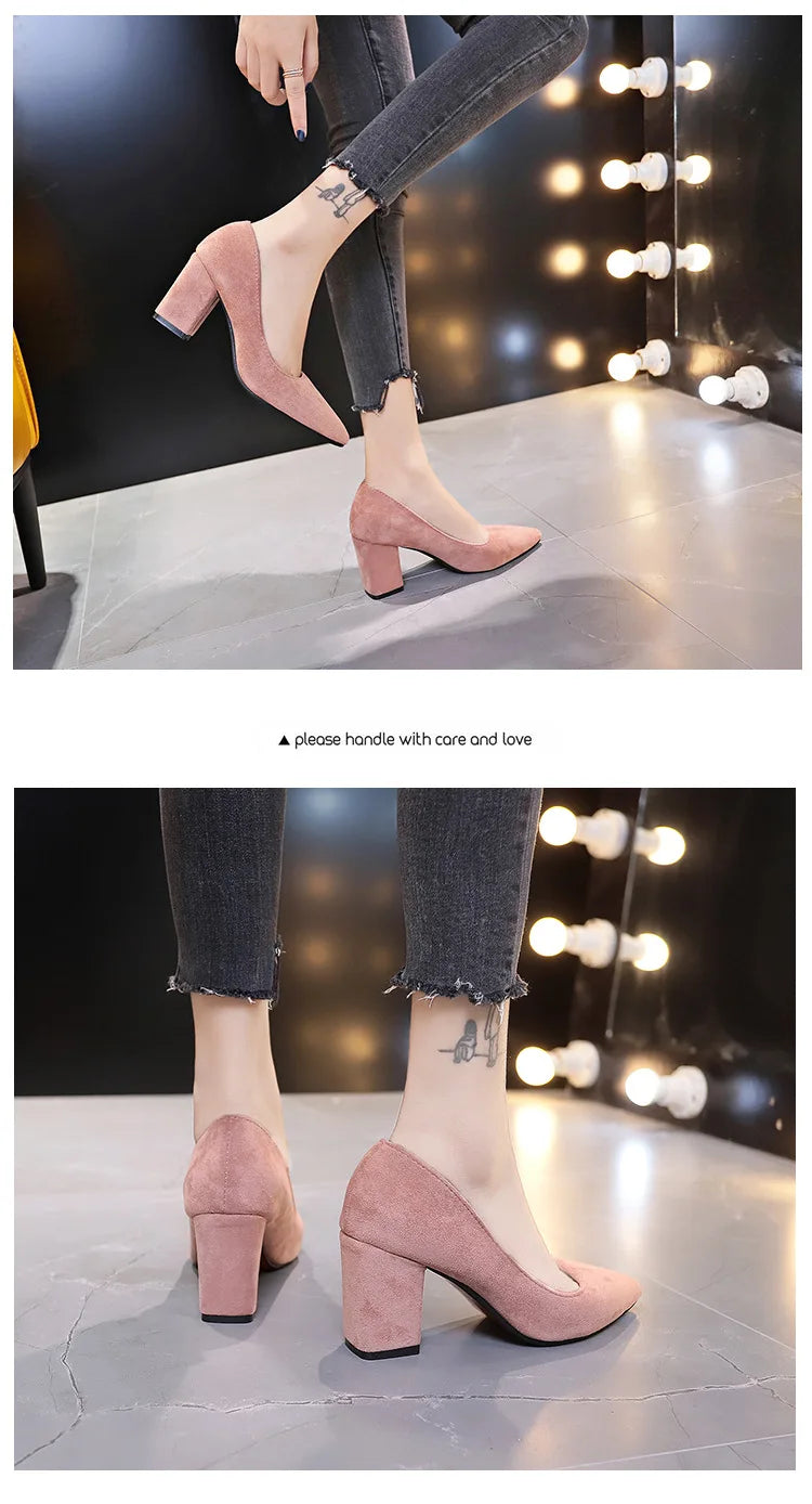 Autumn Shoes Woman Pumps Low Thick Heels Comfortable Women Work Shoes Flock Round Toe Casual Ladies Shoe sapato feminino WSH3183