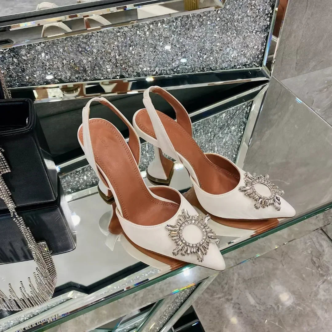 2026 Spring Autumn EU US Satin Slingback Women Sandals Pointed Flared Heels Sun Rhinestone Crystal Wedding Party Dress Heels