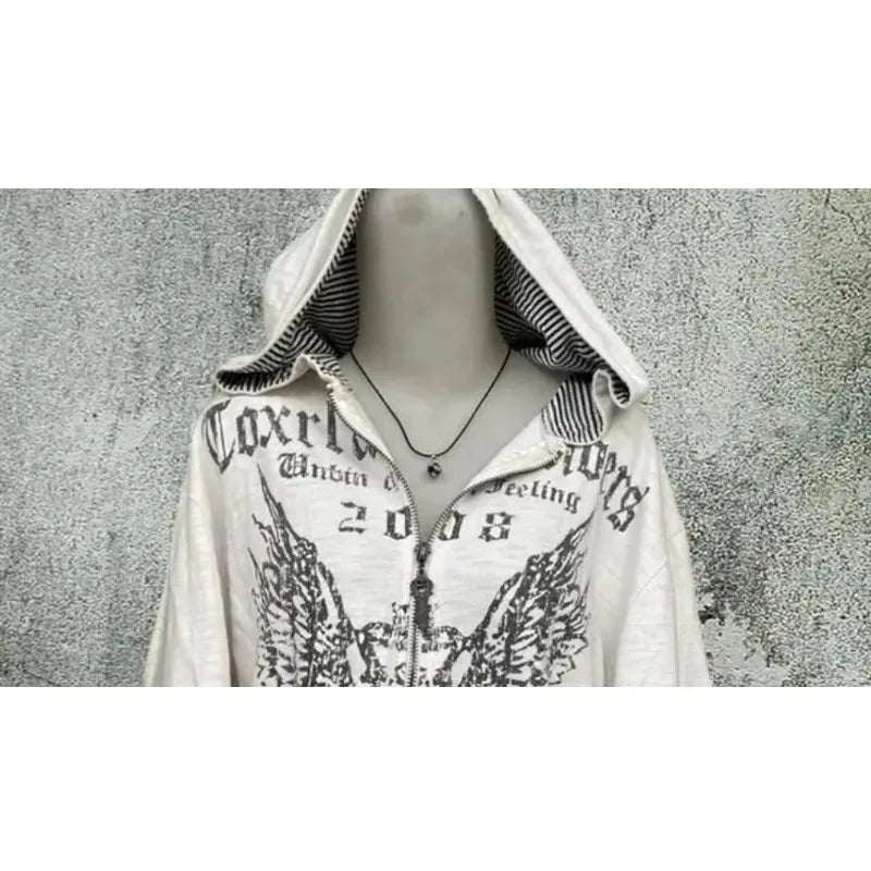 Gohic Vintage Sweatshirts Women's Jackets White Print Tunic Hooded Y2k Coat Streetwear Fashion Casual Hoodies Tops Ropa Mujer