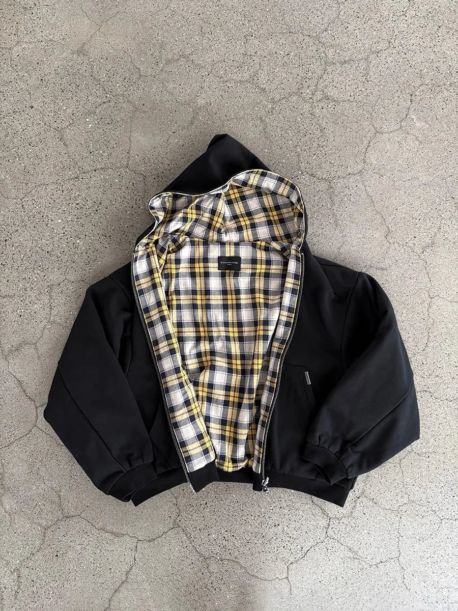 Casual Reversible Hoodies for Men Street Clothes Oversized Zip Up Hoodie Simple with Plaid Lining Solid Color Retro Sweatshirt