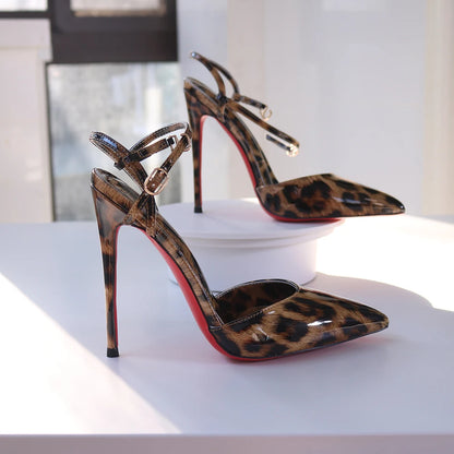 Red Background Leopard Print High-heeled Sandals with A Straight Buckle Thin Heel Pointed Toe Fashionable and Sexy Big Size 12CM