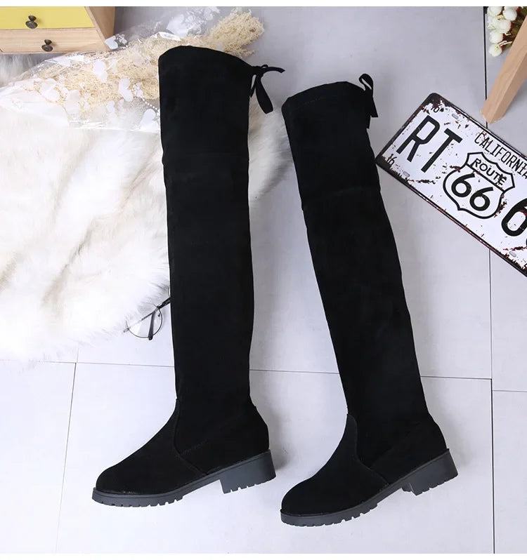 2025 Faux Suede Female Heels Autumn Winter Elastic Knee-high Boots for Women Tube Lace-up Thigh Boots Black Botas