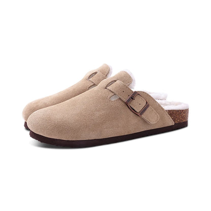 Comwarm Fur Lined Clogs For Women Men Winter Fuzzy Cork Slippers Fur Cork Mules Short Plush House Cork Shoes Winter zuecos mujer