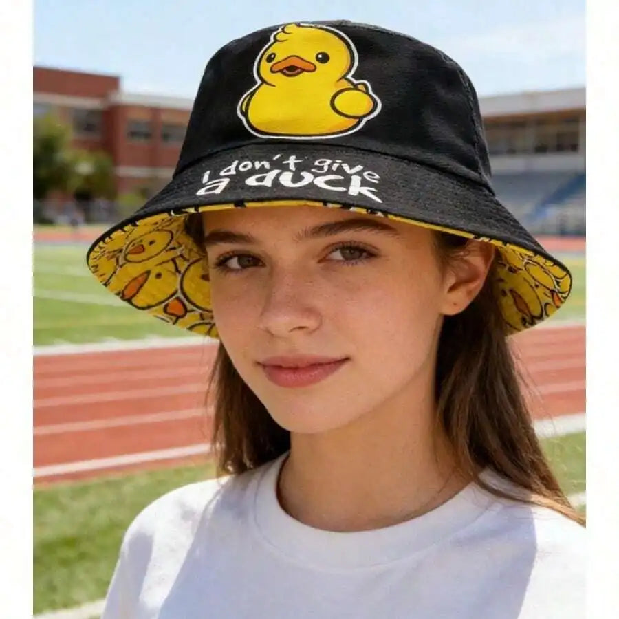 Hip-Hop Cartoon Double-Sided Duck Print Fisherman Hat For Outdoor Travel And Beach