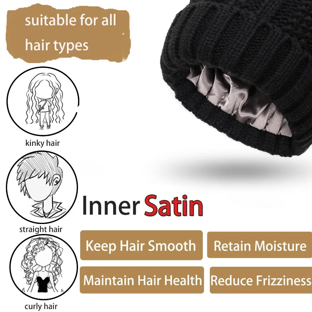 Satin Lined Winter Hat Beanie For Women Men, Knitted Wool Crochet Cap With Fashion Fur Ball Pompom Winter Stretchy Warm Hat