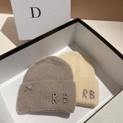 New Real fashion rabbit hair diamond letter hat Women's Winter warm knit hat Designer women's casual hat ski hat