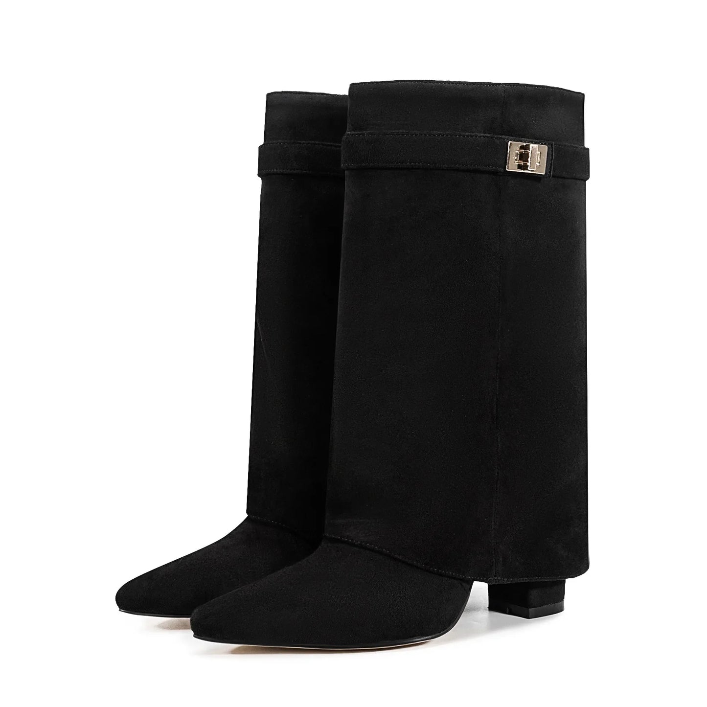 Autumn Winter New Pointed Metal Buckle Knee High Women's Boots, Thick High-heeled Pants Boots, Fashionable Mid Leg Boots