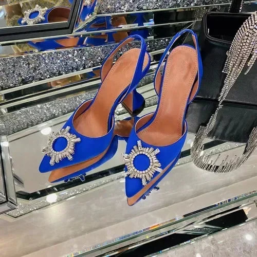 2026 Spring Autumn EU US Satin Slingback Women Sandals Pointed Flared Heels Sun Rhinestone Crystal Wedding Party Dress Heels