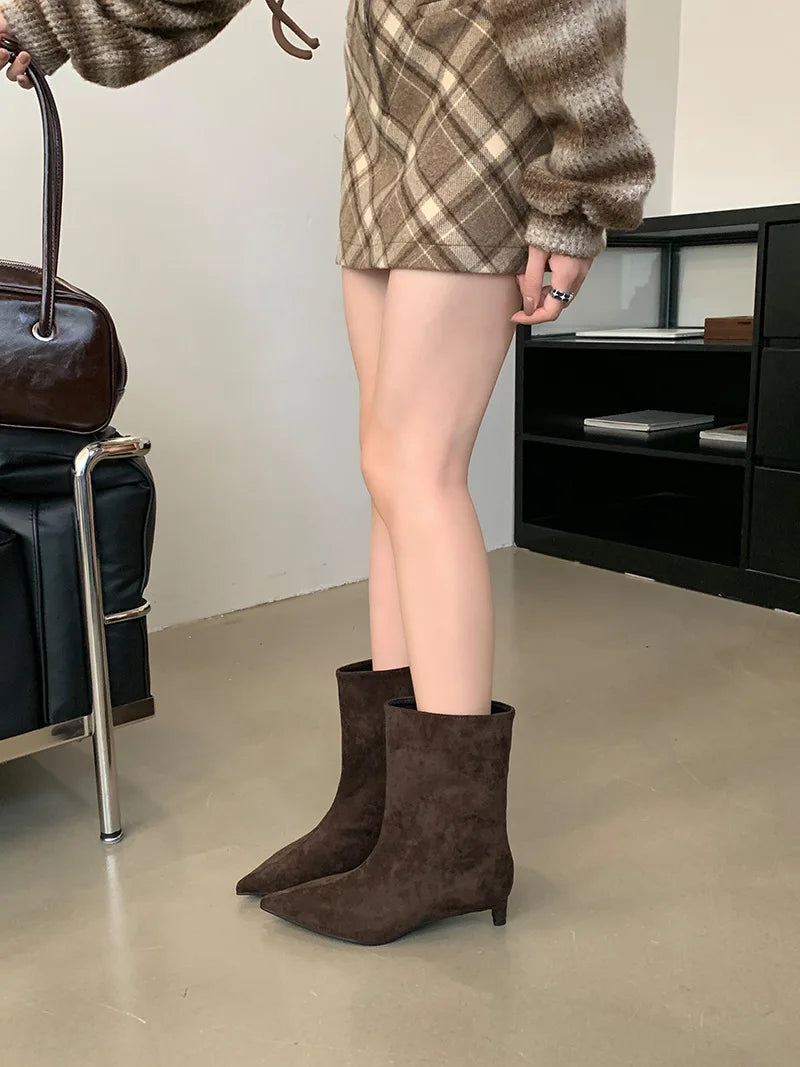 Autumn Winter Pointed Toe Ankle Boots Women Designer Vintage Thin Low Heel Shoes Modern SHort Botas Zapatos De Mujer