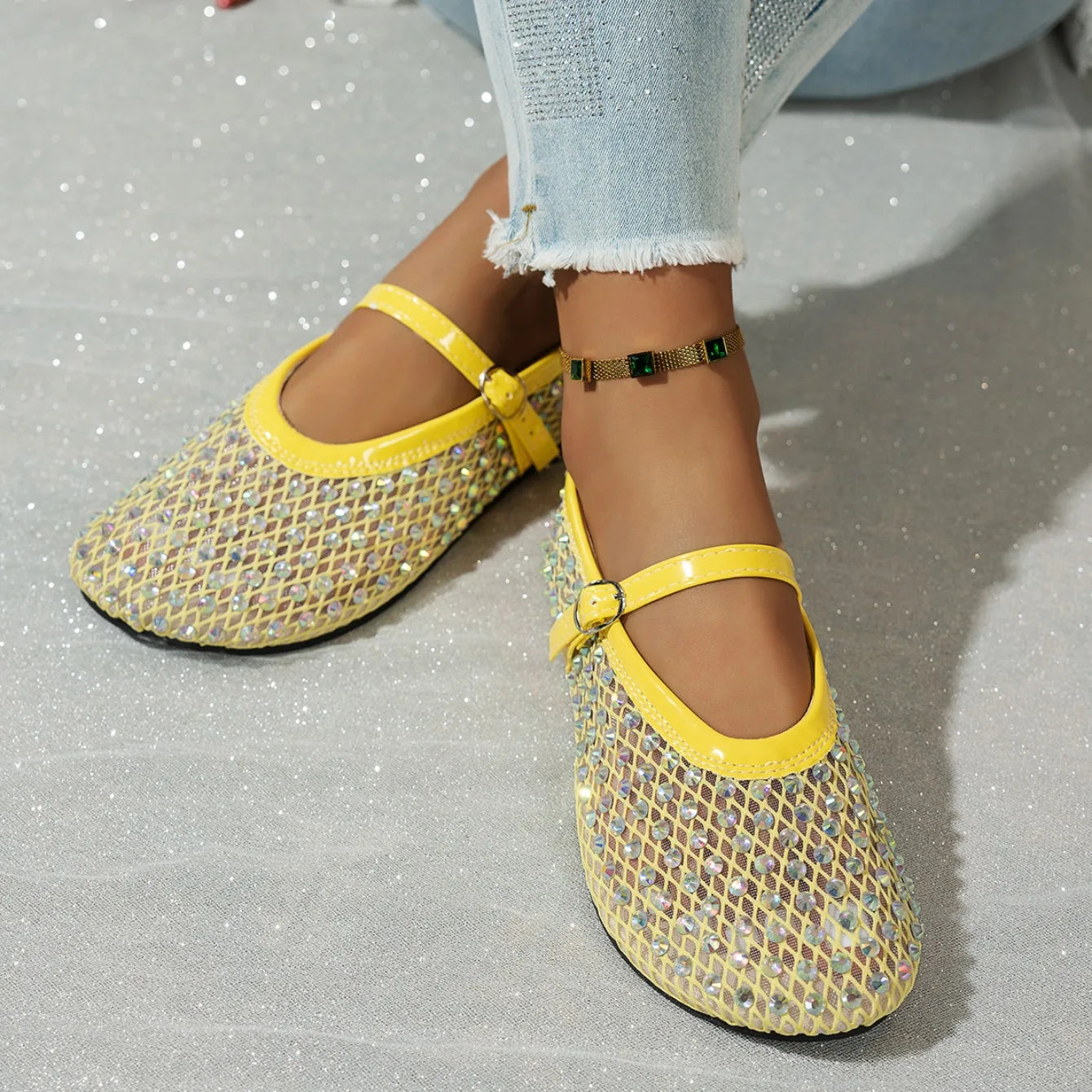 Women's Mary Jane Flats 2026 Spring Autumn Fashionable Women's Shoes Breathable Mesh Rhinestone Decorated Large Size Mesh Shoes