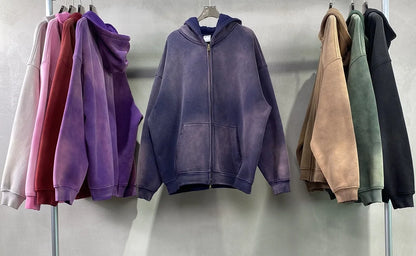 Men's Zip Up Hoodies Tie Dye Washed Double Oversize Cardigan Sweatshirt Loose Plus Plush Gradient Man Hooded Pullovers Winter
