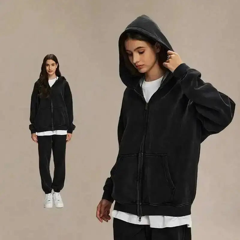 IEFB Men's Wear Wax Printing Vintage Male Hoodies Oversized Loose Zipper Water Washed Plush Sweatshirt Trendy New 9C9349