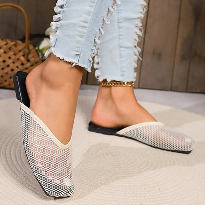 Summer Women Slippers Sexy Mesh Mules Indoor Home Slides Square Toe Female Flats Shoes Outdoor Clogs Beach Sandals Flip Flops