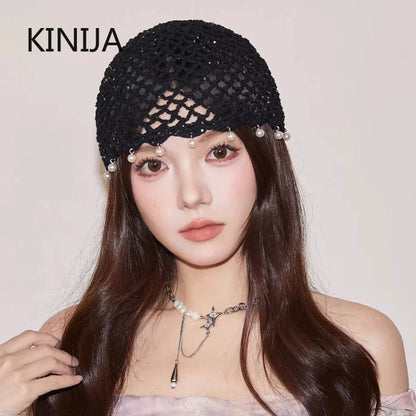 Fashion Hollowed Out Woven Pullover Hats Crochet Breathable Beret Cap Pearl Fringed Retro Beanies Cap for Women Summer Korean