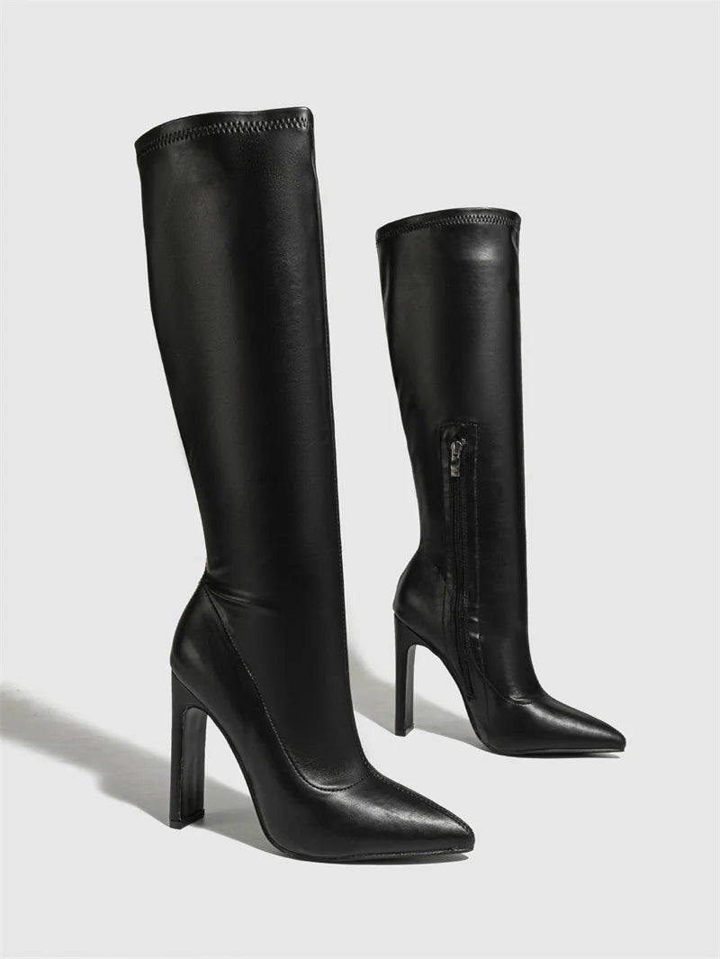 Hlieny Autumn Winter Women Knee-High Boots Fashion Pointed Toe High Heels Shoes Zipper Office Lady Long Botas De Mujer Size 42