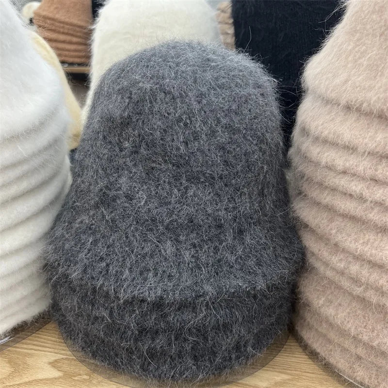 Good Angola Long Rabbit Fur Fisherman Bucket Hat Winter Fashion Soft Warm Wool Basin Cap Foldable Women Gift